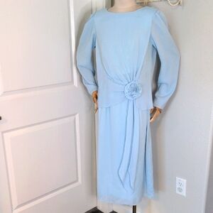 Vintage 70s Miss Elliette Blue Chiffon Midi Dress Long Sleeve Wedding Sz 10